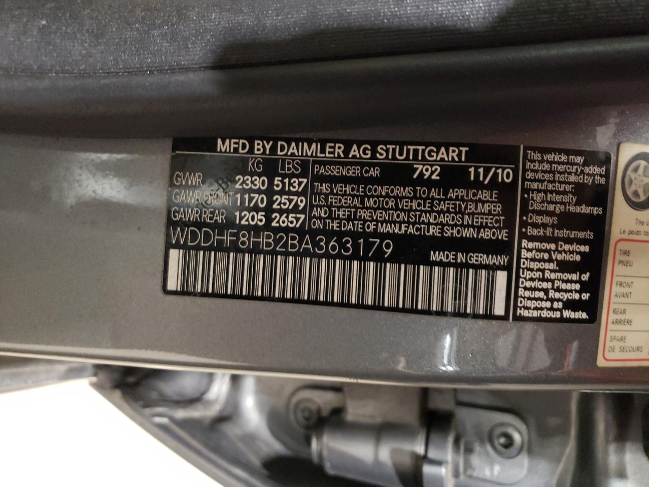 Photo 10 from auction – 2011 MERCEDES-BENZ E 350 4MAT with VIN WDDHF8HB2BA363179