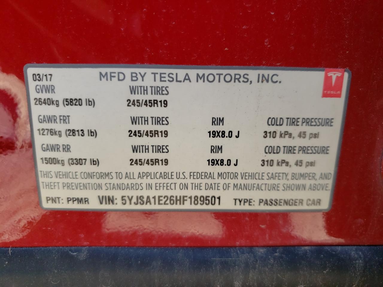 Photo 10 from auction – 2017 TESLA MODEL S with VIN 5YJSA1E26HF189501