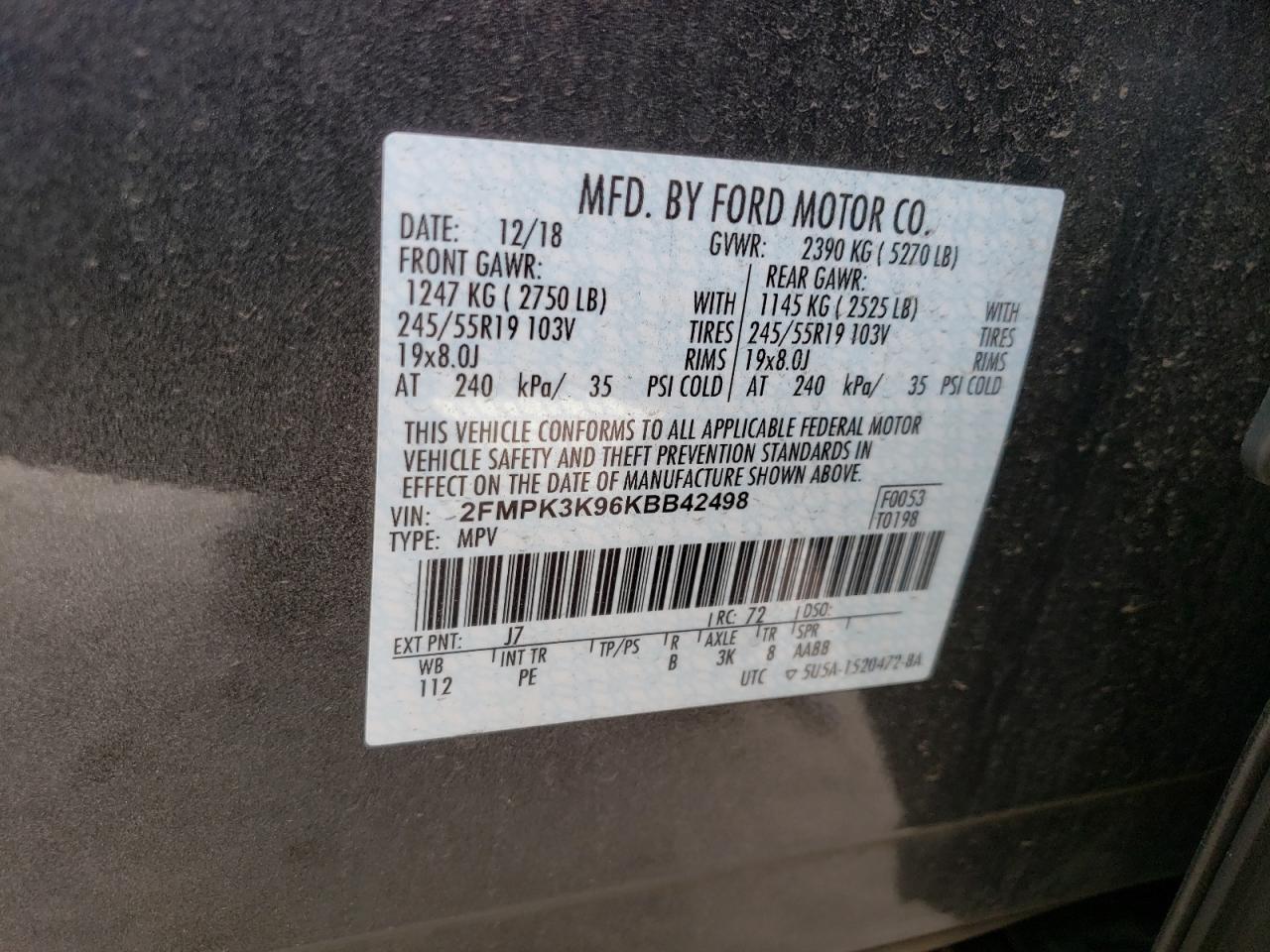 Photo 10 from auction – 2019 FORD EDGE TITAN with VIN 2FMPK3K96KBB42498