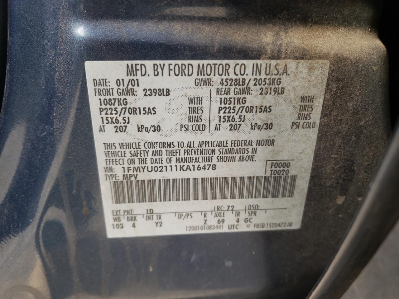 Photo 10 from auction – 2001 FORD ESCAPE XLS with VIN 1FMYU02111KA16478