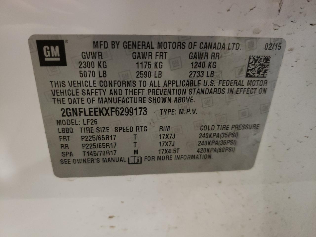 Photo 10 from auction – 2015 CHEVROLET EQUINOX LS with VIN 2GNFLEEKXF6299173