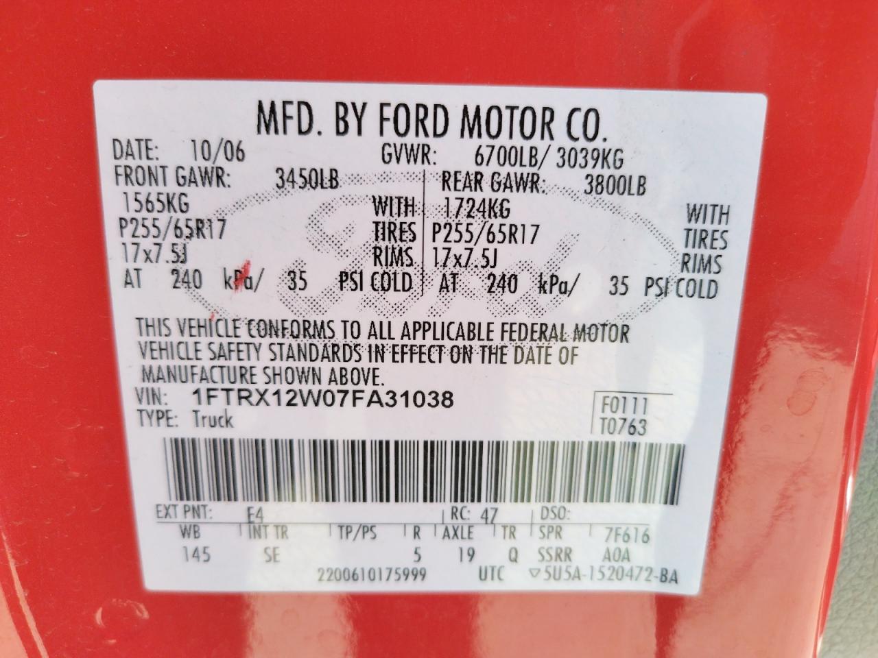 Photo 10 from auction – 2007 FORD F150 with VIN 1FTRX12W07FA31038