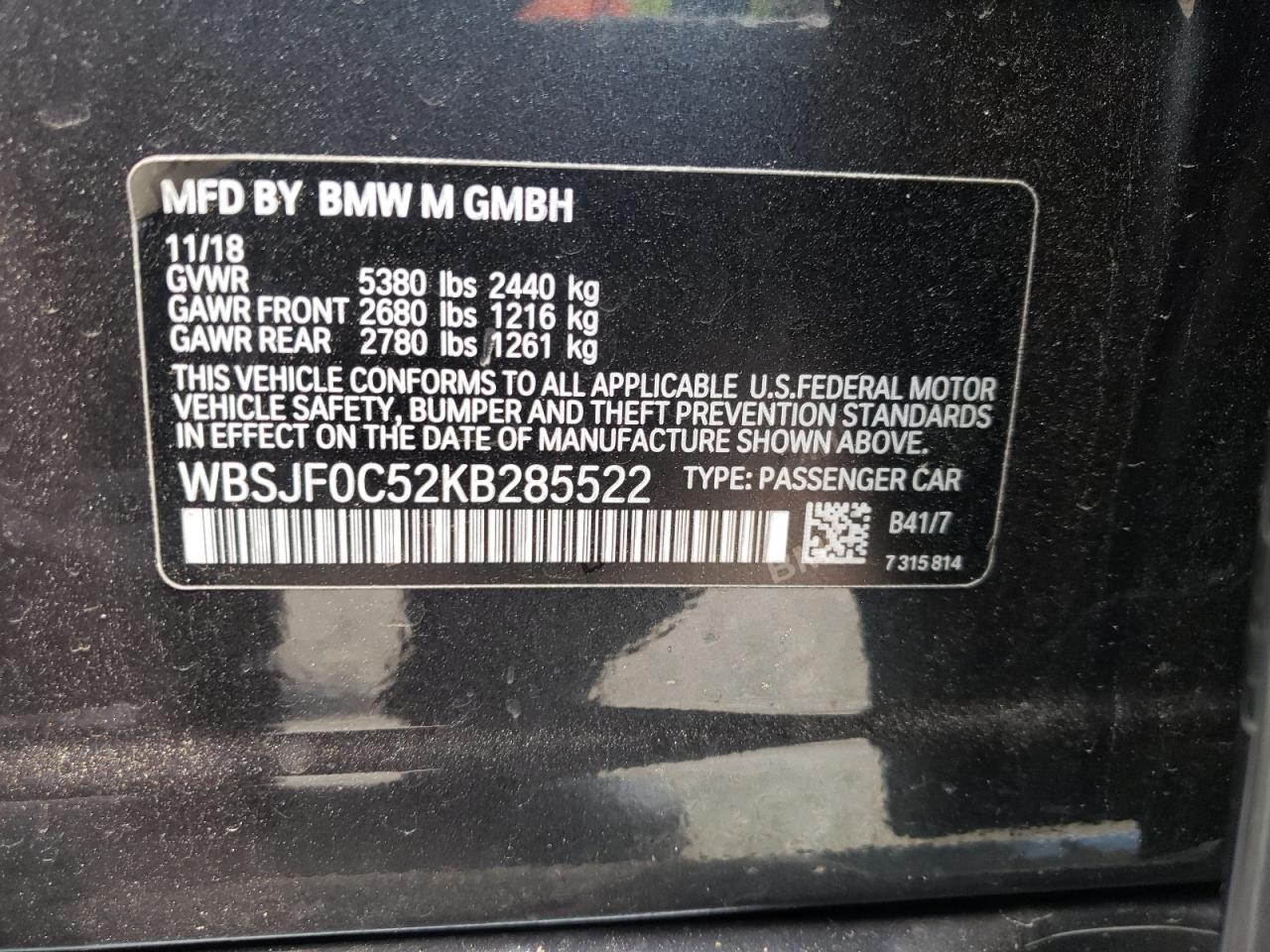Photo 10 from auction – 2019 BMW M5 with VIN WBSJF0C52KB285522