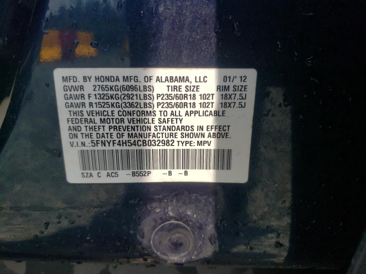 Photo 10 from auction – 2012 HONDA PILOT EXL with VIN 5FNYF4H54CB032982