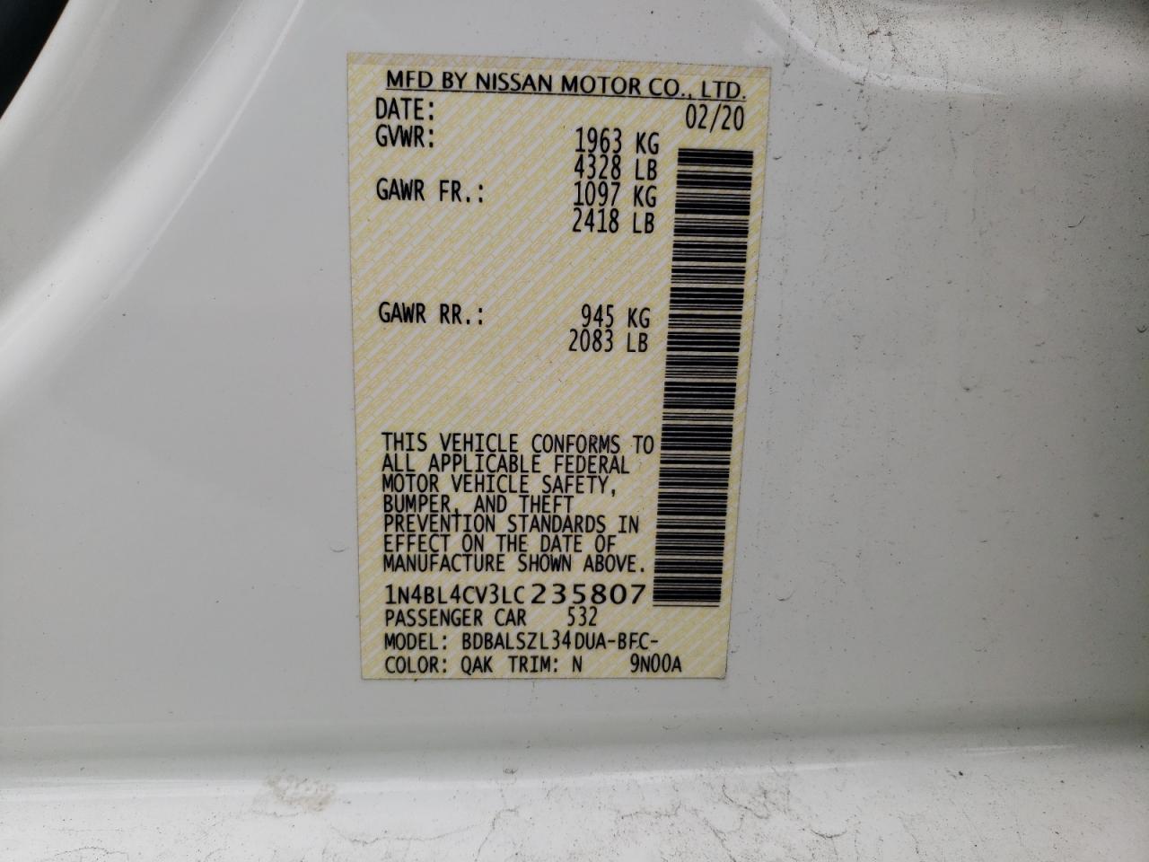 Photo 10 from auction – 2020 NISSAN ALTIMA SR with VIN 1N4BL4CV3LC235807