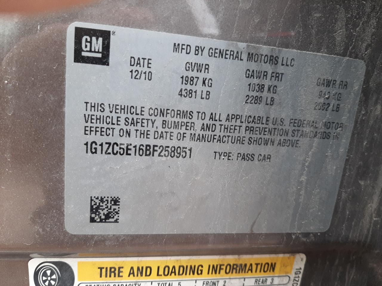 Photo 10 from auction – 2011 CHEVROLET MALIBU 1LT with VIN 1G1ZC5E16BF258951