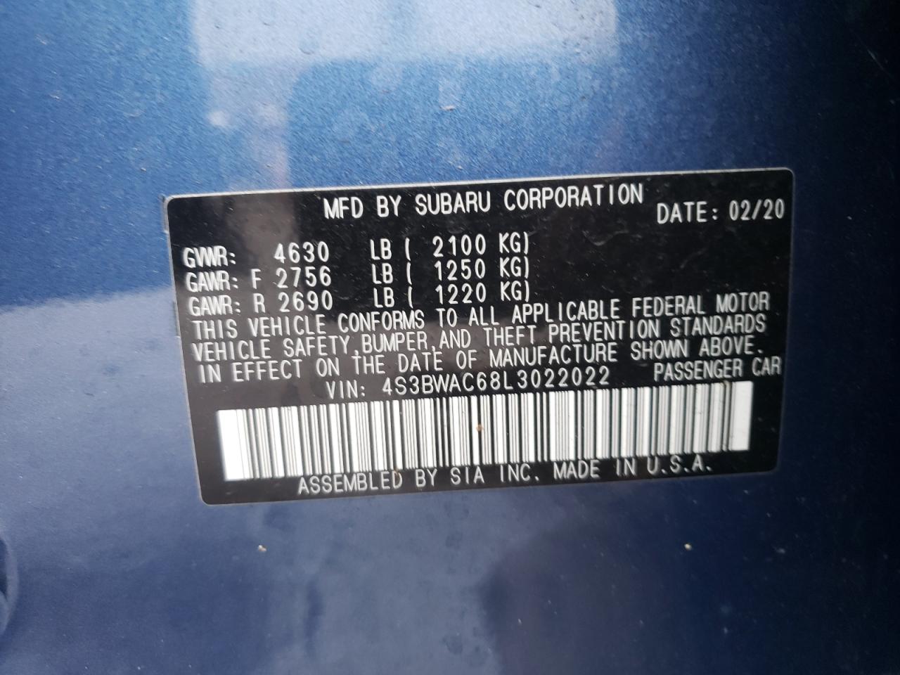 Photo 10 from auction – 2020 SUBARU LEGACY PRE with VIN 4S3BWAC68L3022022