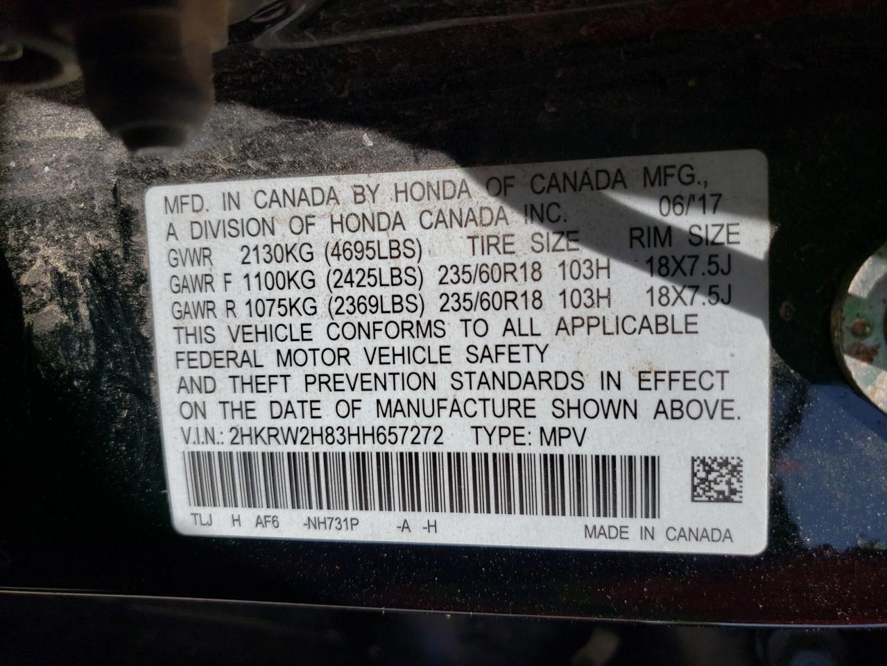 Photo 10 from auction – 2017 HONDA CR-V EXL with VIN 2HKRW2H83HH657272