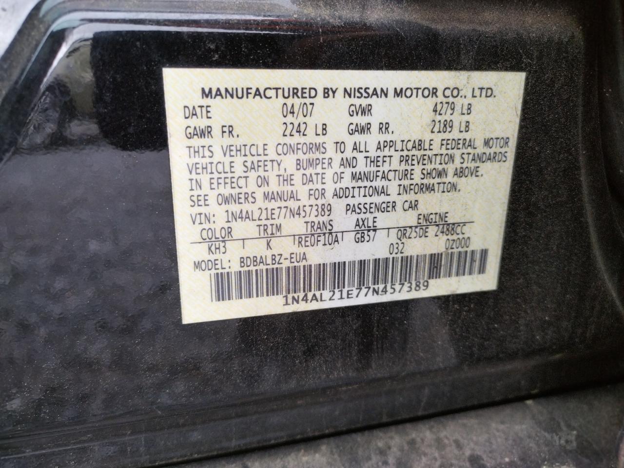 Photo 10 from auction – 2007 NISSAN ALTIMA 2.5 with VIN 1N4AL21E77N457389