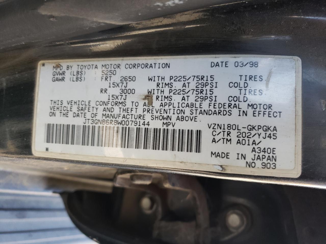 Photo 10 from auction – 1998 TOYOTA 4RUNNER SR with VIN JT3GN86R8W0079144