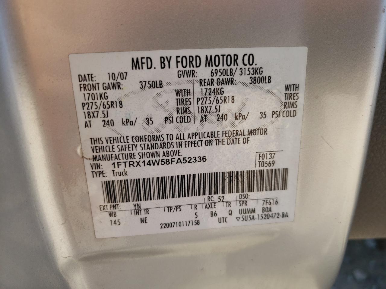 Photo 10 from auction – 2008 FORD F150 with VIN 1FTRX14W58FA52336