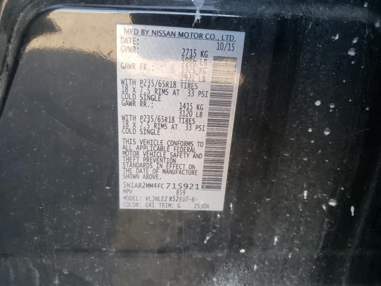 Photo 10 from auction – 2015 NISSAN PATHFINDER with VIN 5N1AR2MM4FC715921