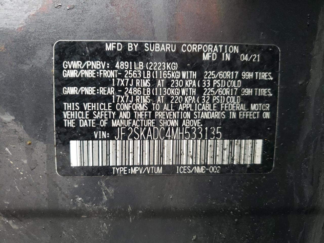 Photo 10 from auction – 2021 SUBARU FORESTER with VIN JF2SKADC4MH533135