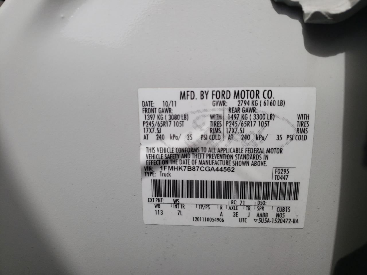 Photo 10 from auction – 2012 FORD EXPLORER with VIN 1FMHK7B87CGA44562