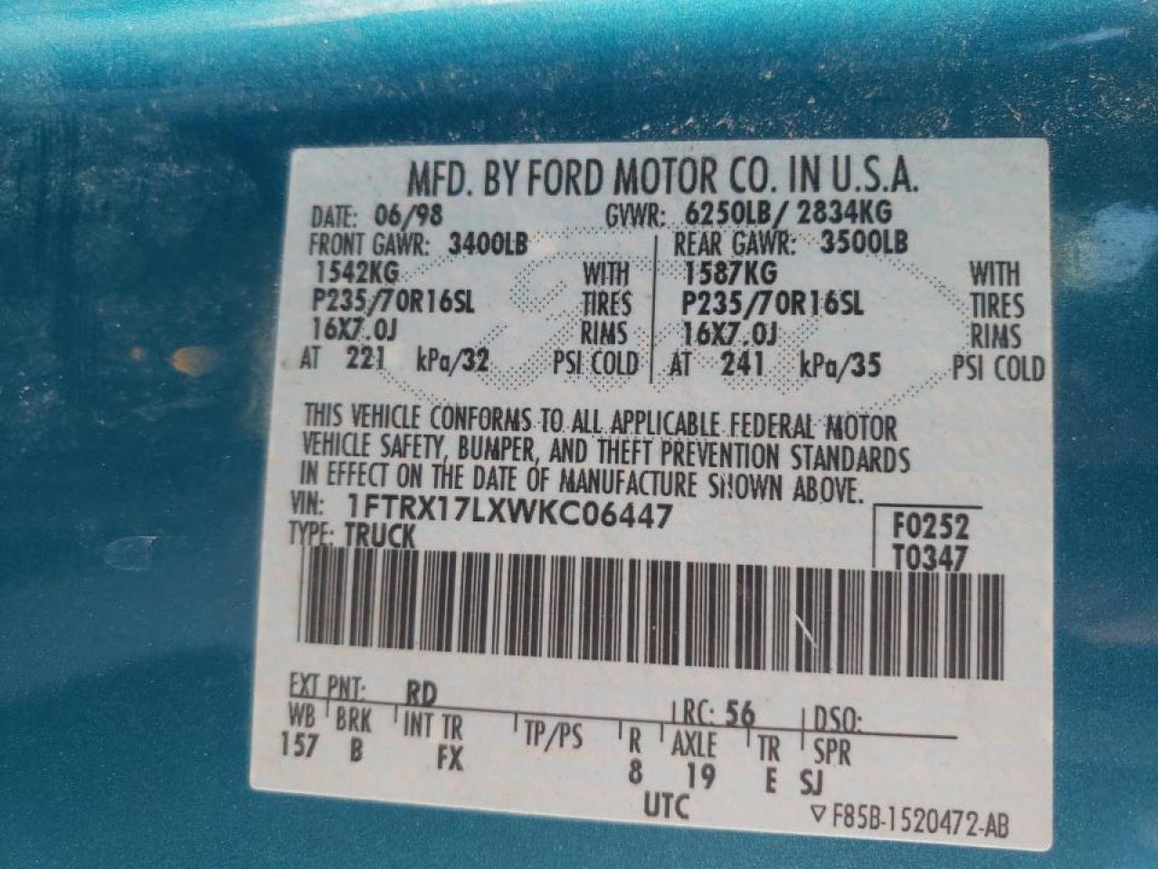 Photo 10 from auction – 1998 FORD F150 with VIN 1FTRX17LXWKC06447