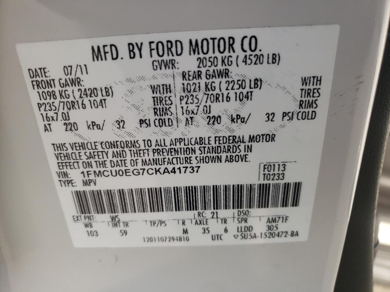 Photo 10 from auction – 2012 FORD ESCAPE LIM with VIN 1FMCU0EG7CKA41737