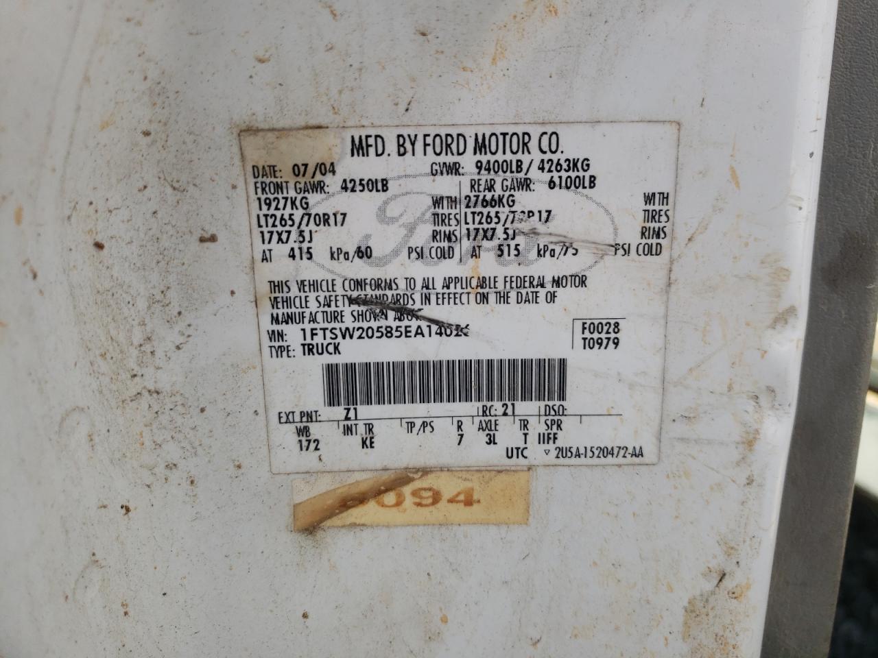 Photo 10 from auction – 2005 FORD F250 SUPER with VIN 1FTSW20585EA14026