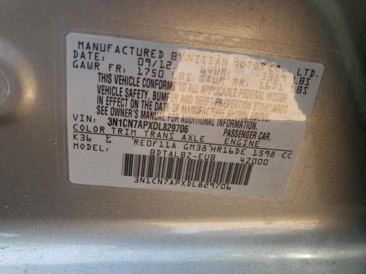Photo 10 from auction – 2013 NISSAN VERSA S with VIN 3N1CN7APXDL829706
