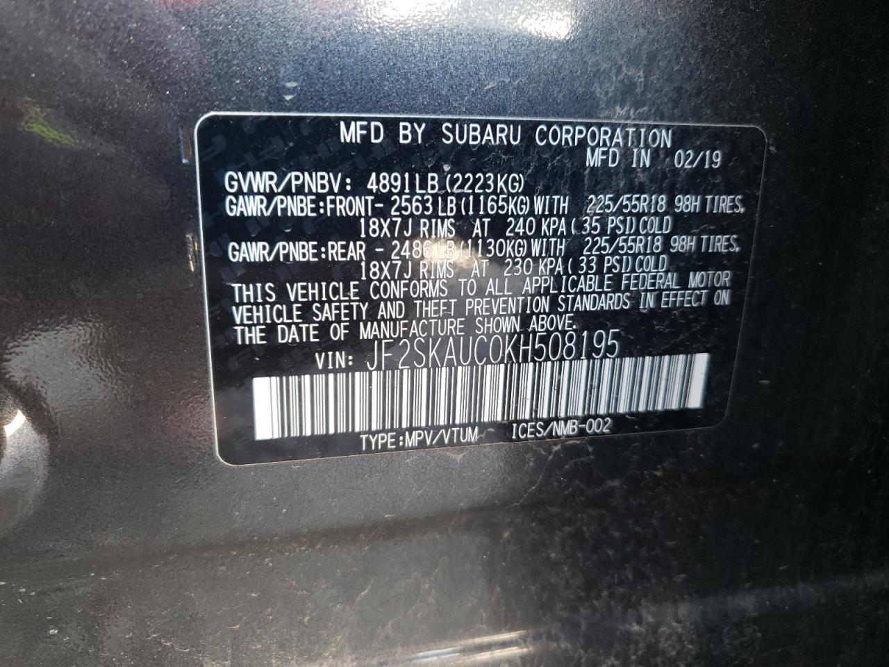 Photo 10 from auction – 2019 SUBARU FORESTER L with VIN JF2SKAUC0KH508195