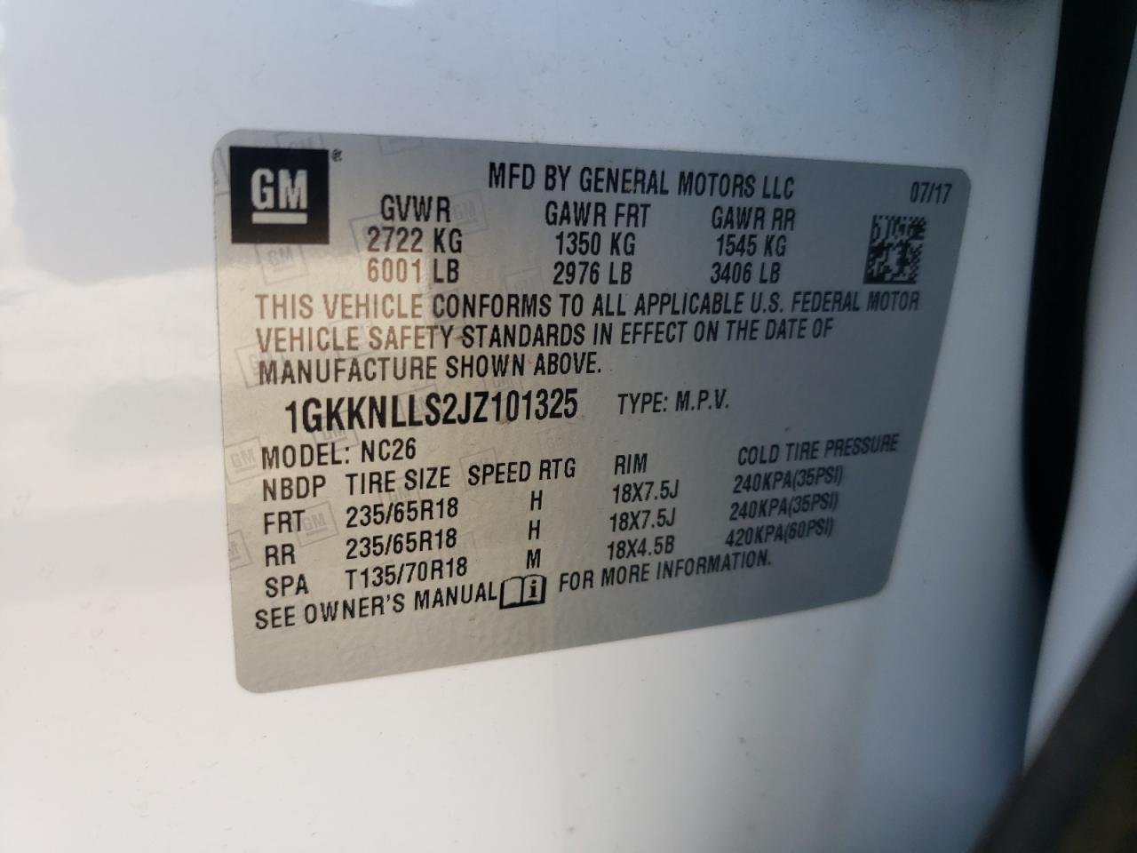 Photo 10 from auction – 2018 GMC ACADIA SLE with VIN 1GKKNLLS2JZ101325