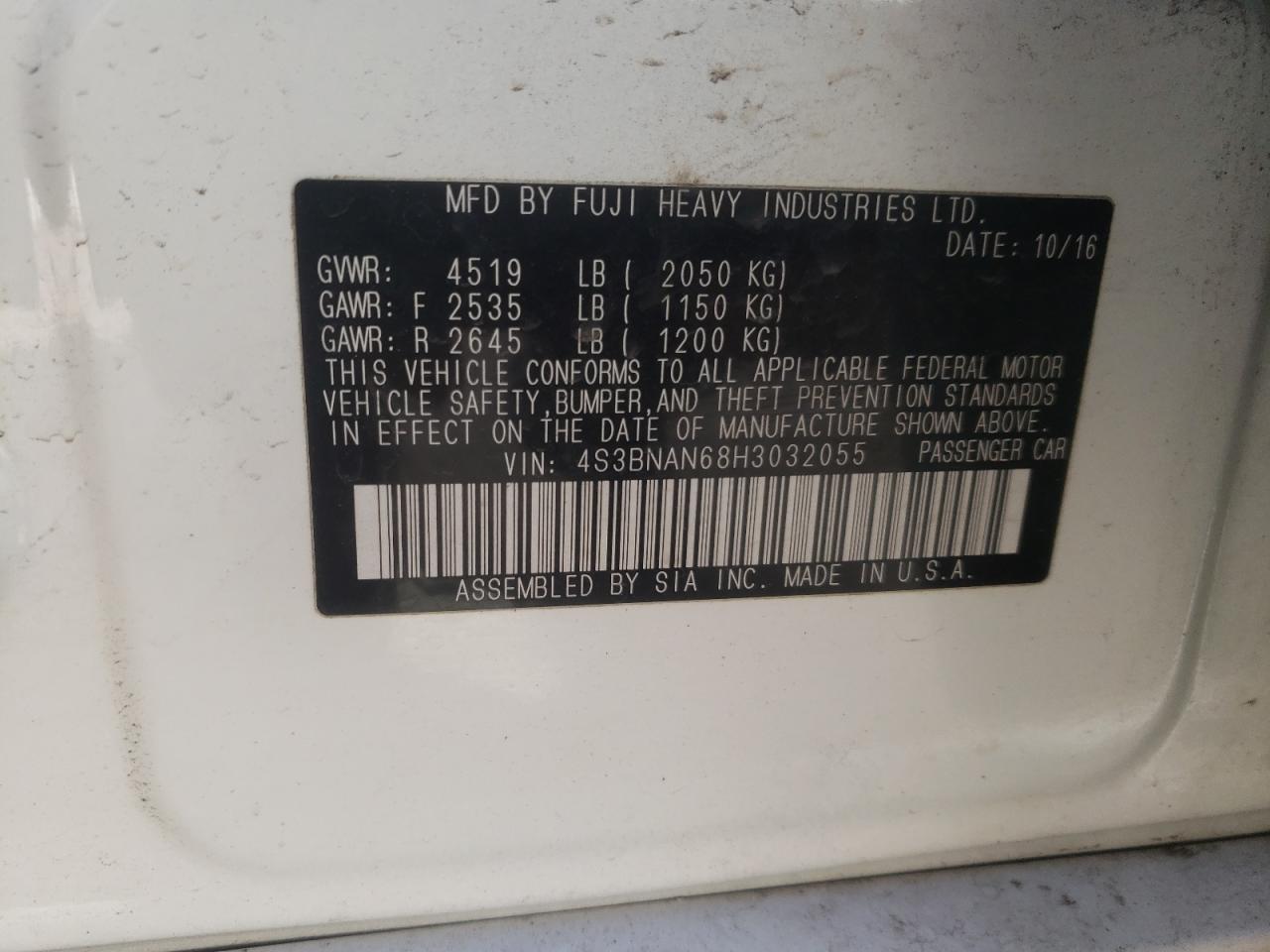 Photo 10 from auction – 2017 SUBARU LEGACY 2.5 with VIN 4S3BNAN68H3032055
