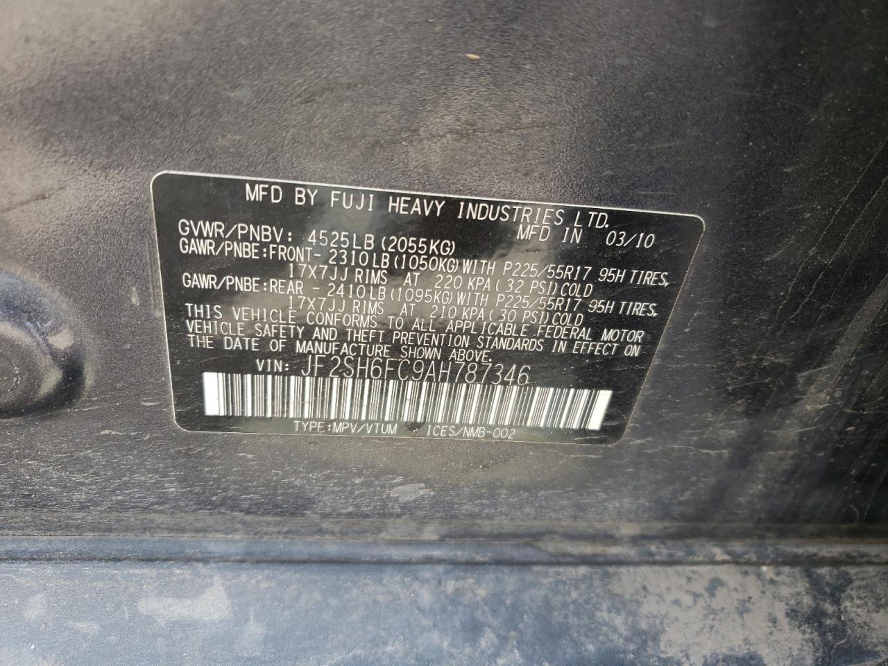 Photo 10 from auction – 2010 SUBARU FORESTER 2 with VIN JF2SH6FC9AH787346