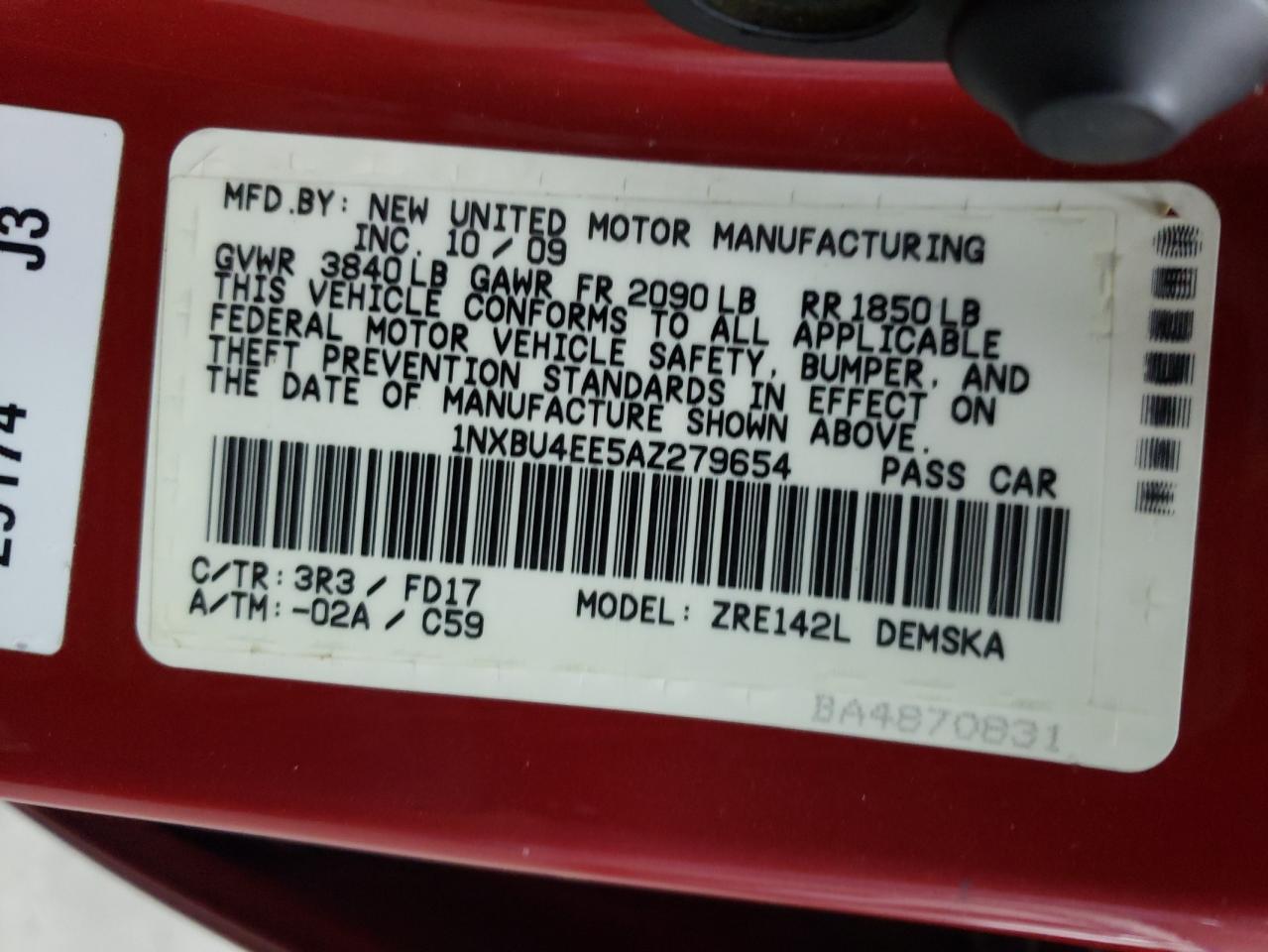 Photo 10 from auction – 2010 TOYOTA COROLLA with VIN 1NXBU4EE5AZ279654