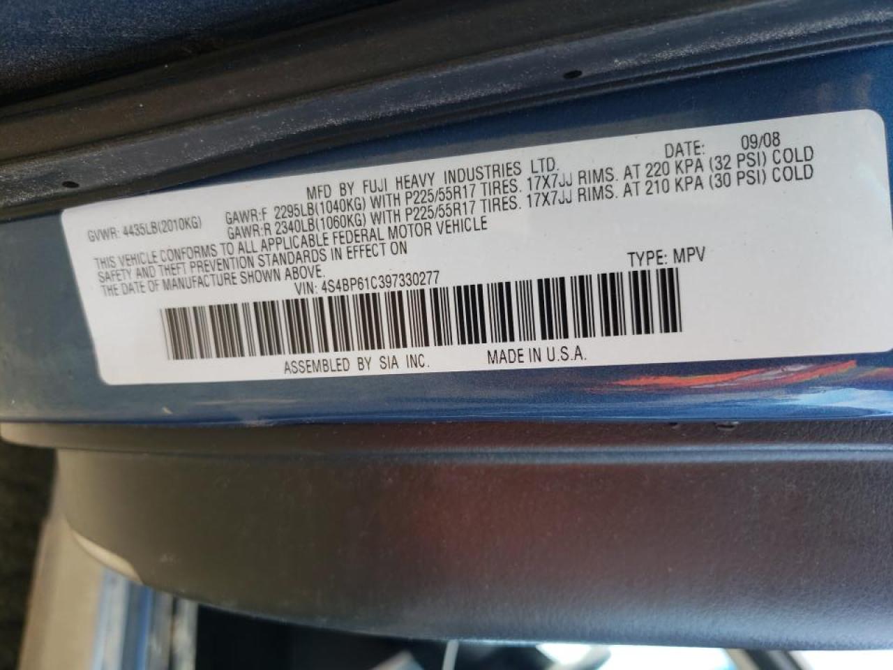 Photo 10 from auction – 2009 SUBARU OUTBACK 2. with VIN 4S4BP61C397330277