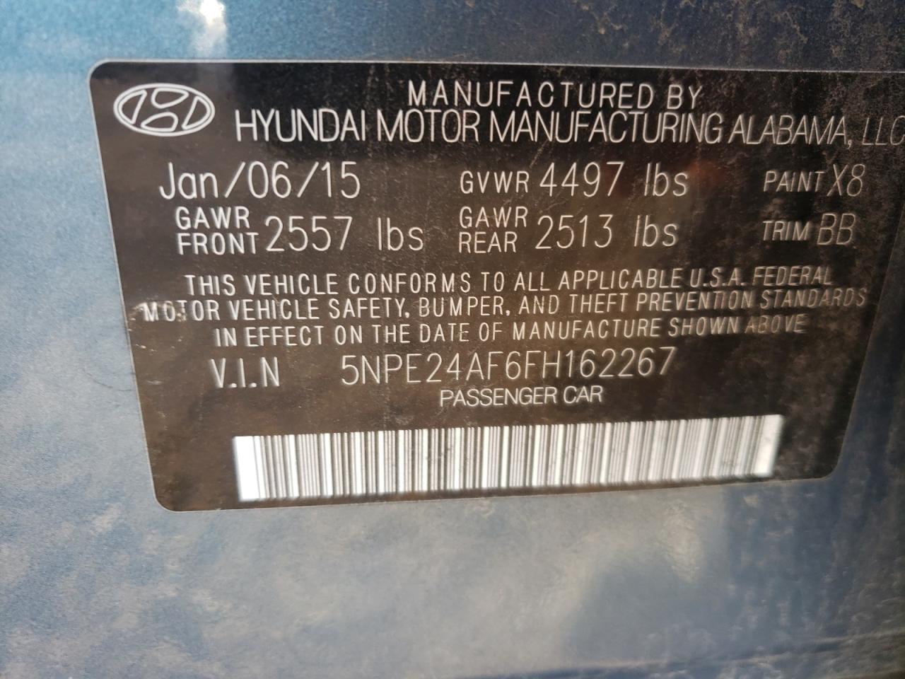 Photo 10 from auction – 2015 HYUNDAI SONATA SE with VIN 5NPE24AF6FH162267