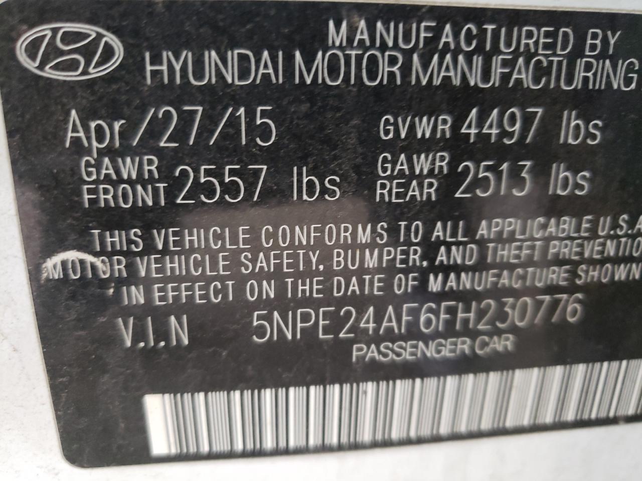 Photo 10 from auction – 2015 HYUNDAI SONATA SE with VIN 5NPE24AF6FH230776