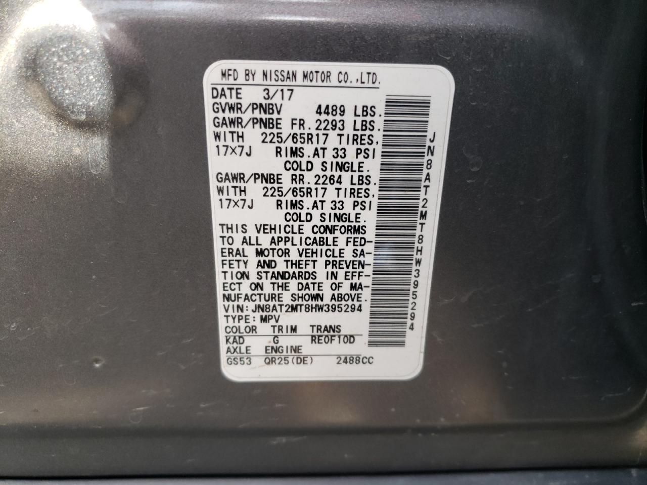 Photo 10 from auction – 2017 NISSAN ROGUE S with VIN JN8AT2MT8HW395294