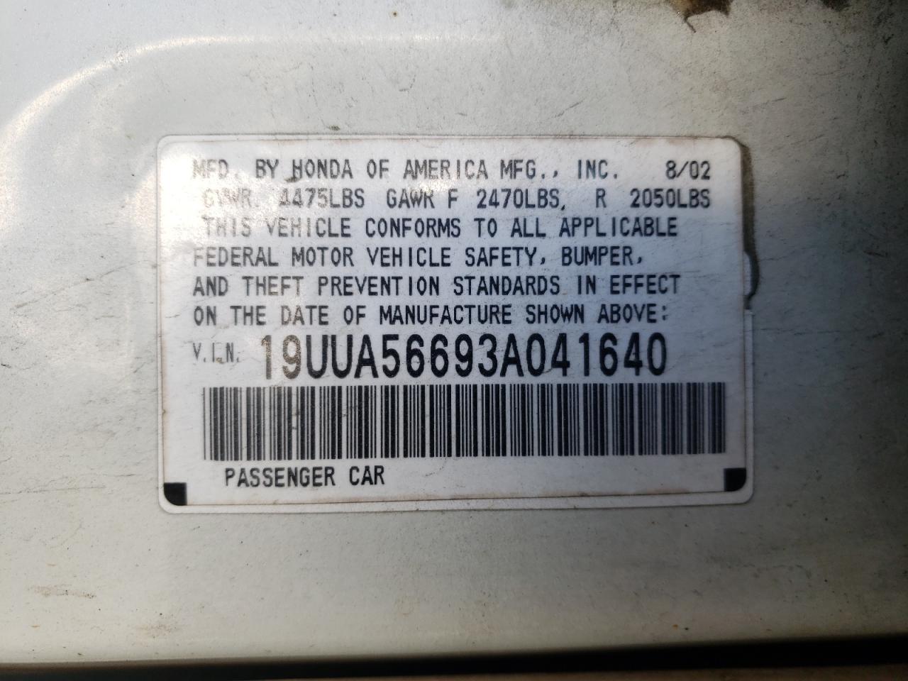 Photo 10 from auction – 2003 ACURA 3.2TL with VIN 19UUA56693A041640