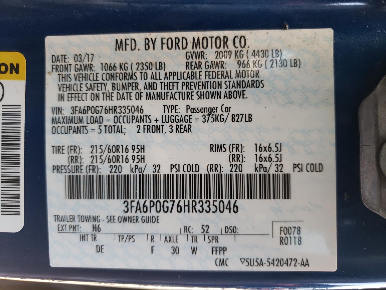 Photo 10 from auction – 2017 FORD FUSION S with VIN 3FA6P0G76HR335046