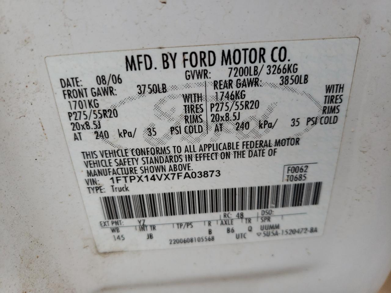 Photo 11 from auction – 2007 FORD F150 with VIN 1FTPX14VX7FA03873