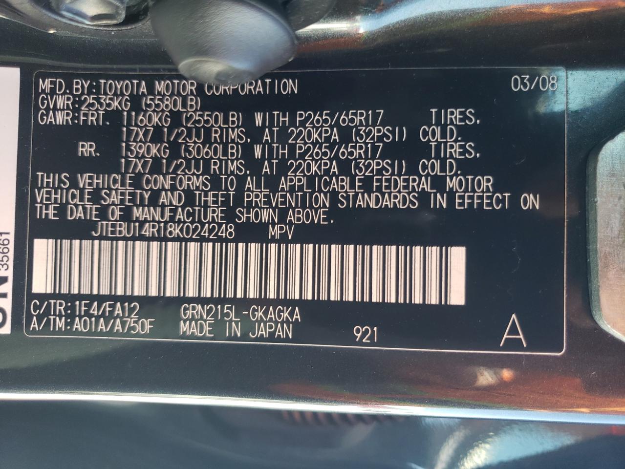 Photo 10 from auction – 2008 TOYOTA 4RUNNER SR with VIN JTEBU14R18K024248