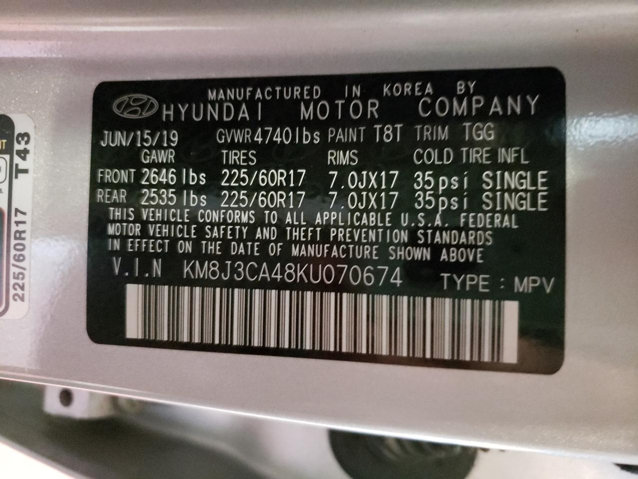 HYUNDAI TUCSON LIM 2019 with VIN KM8J3CA48KU070674 - Photo from auction
