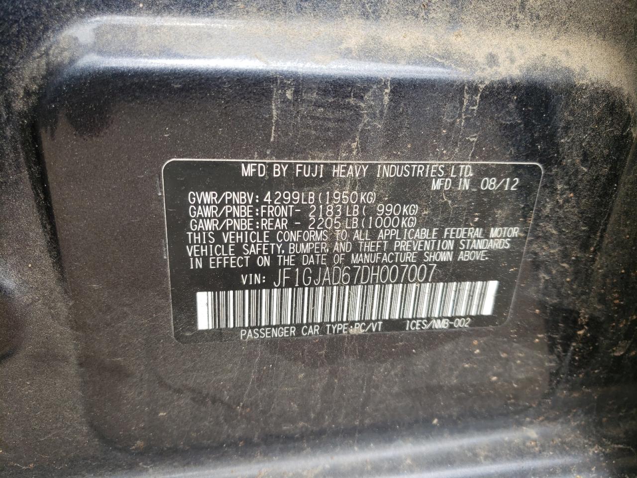 Photo 10 from auction – 2013 SUBARU IMPREZA PR with VIN JF1GJAD67DH007007