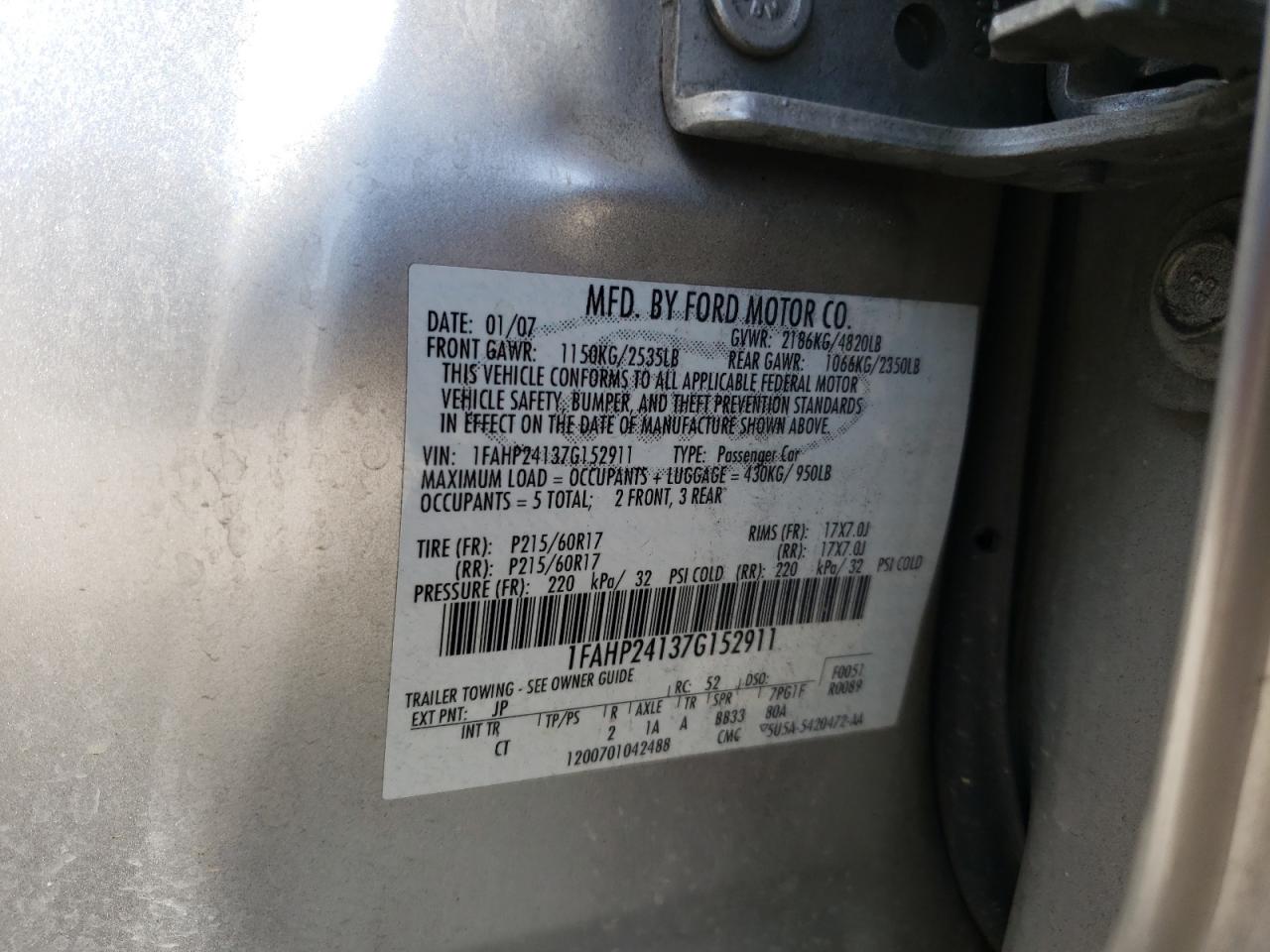 Photo 10 from auction – 2007 FORD FIVE HUNDR with VIN 1FAHP24137G152911