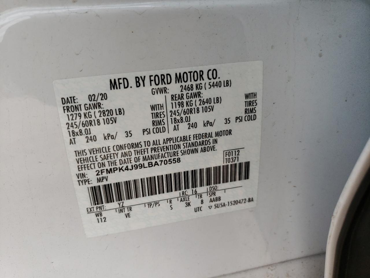 Photo 10 from auction – 2020 FORD EDGE SEL with VIN 2FMPK4J99LBA70558