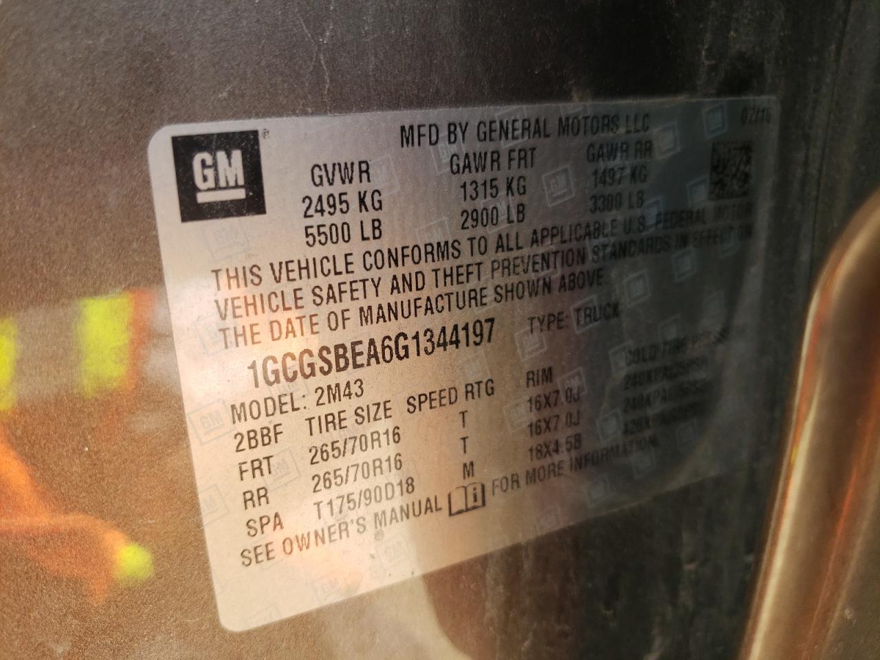 Photo 10 from auction – 2016 CHEVROLET COLORADO with VIN 1GCGSBEA6G1344197