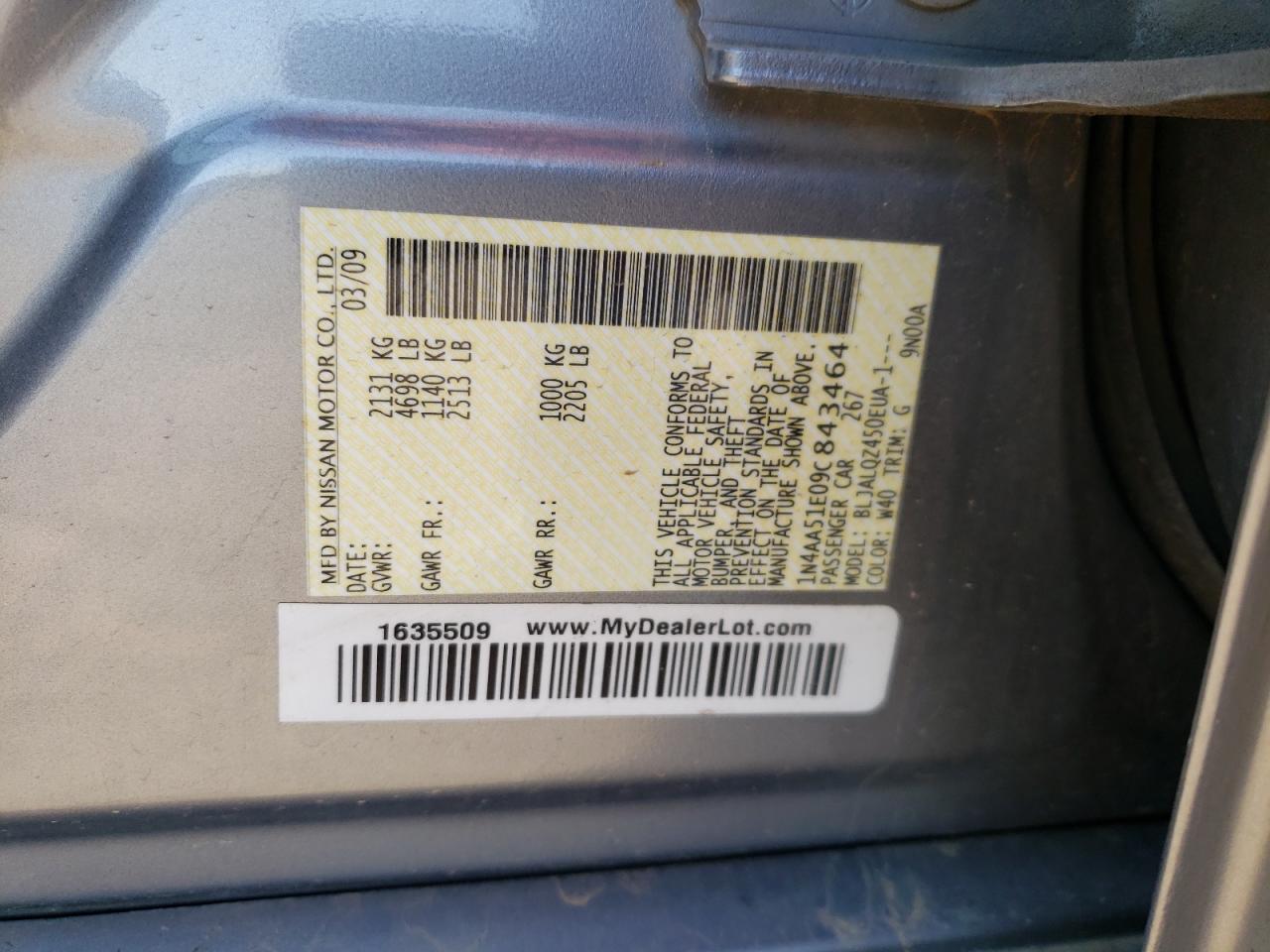 Photo 10 from auction – 2009 NISSAN MAXIMA S with VIN 1N4AA51E09C843464
