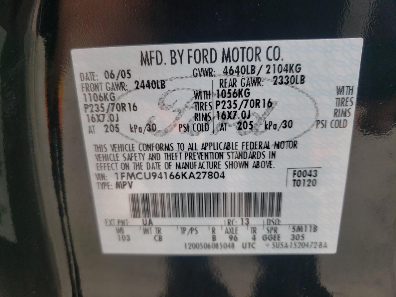 Photo 10 from auction – 2006 FORD ESCAPE LIM with VIN 1FMCU94166KA27804