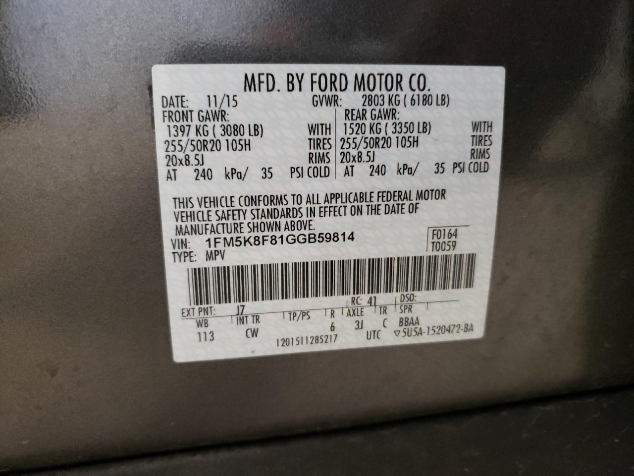Photo 10 from auction – 2016 FORD EXPLORER L with VIN 1FM5K8F81GGB59814