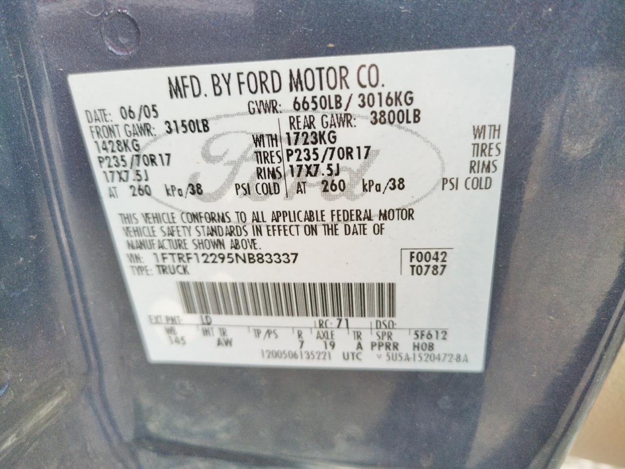 Photo 10 from auction – 2005 FORD F150 with VIN 1FTRF12295NB83337