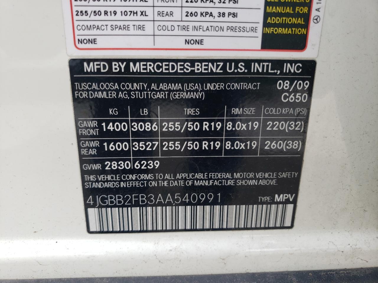 Photo 10 from auction – 2010 MERCEDES-BENZ ML 350 BLU with VIN 4JGBB2FB3AA540991
