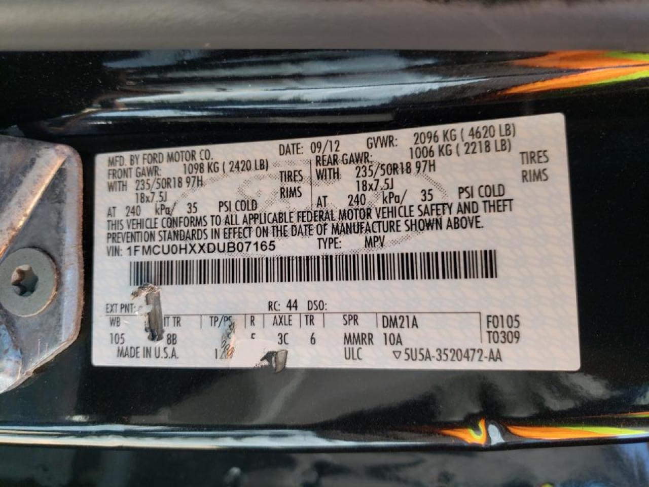 Photo 10 from auction – 2013 FORD ESCAPE SEL with VIN 1FMCU0HXXDUB07165