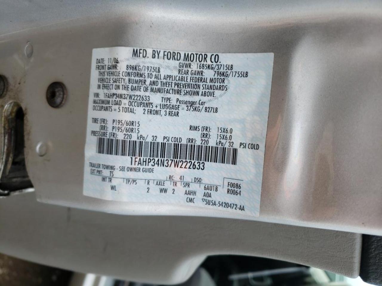 Photo 10 from auction – 2007 FORD FOCUS ZX4 with VIN 1FAHP34N37W222633