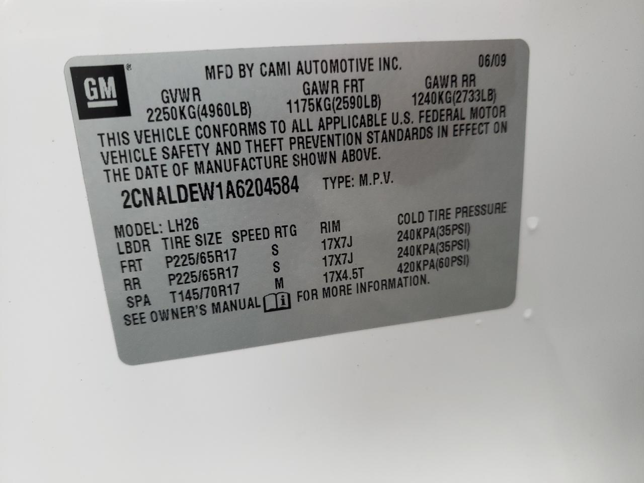 Photo 10 from auction – 2010 CHEVROLET EQUINOX LT with VIN 2CNALDEW1A6204584