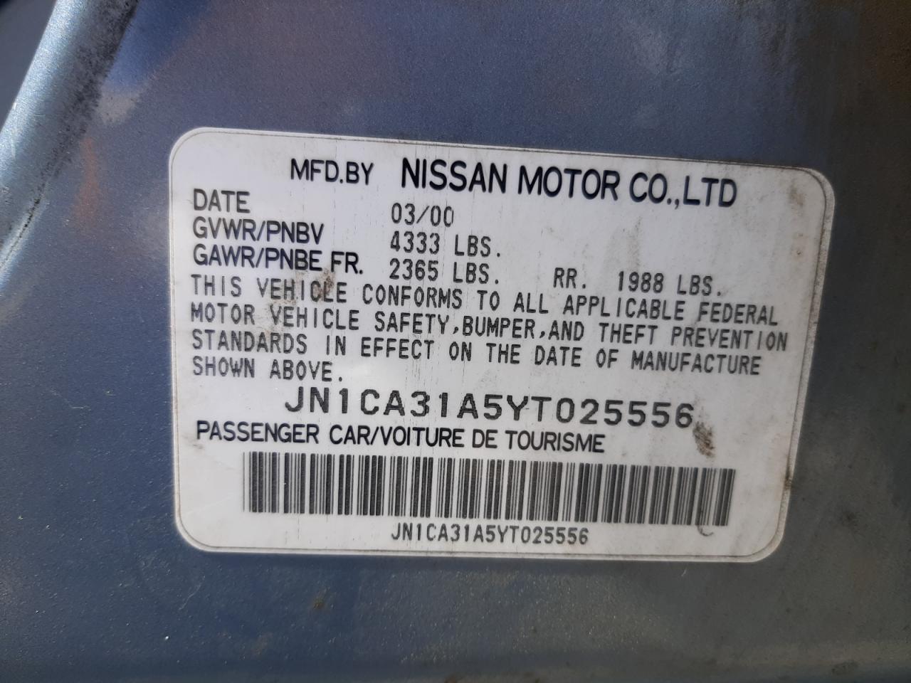 Photo 10 from auction – 2000 NISSAN MAXIMA GLE with VIN JN1CA31A5YT025556