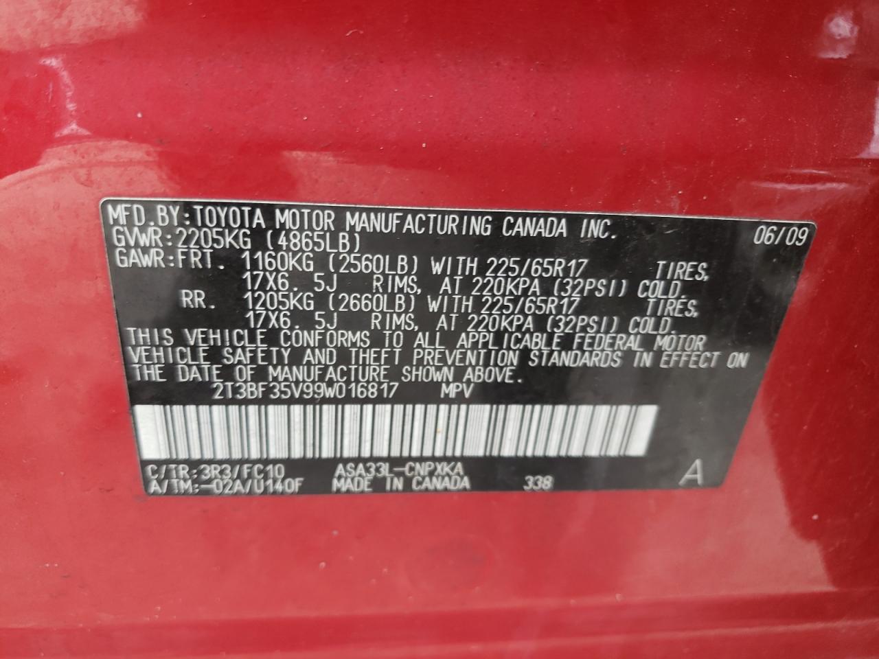 Photo 10 from auction – 2009 TOYOTA RAV4 with VIN 2T3BF35V99W016817